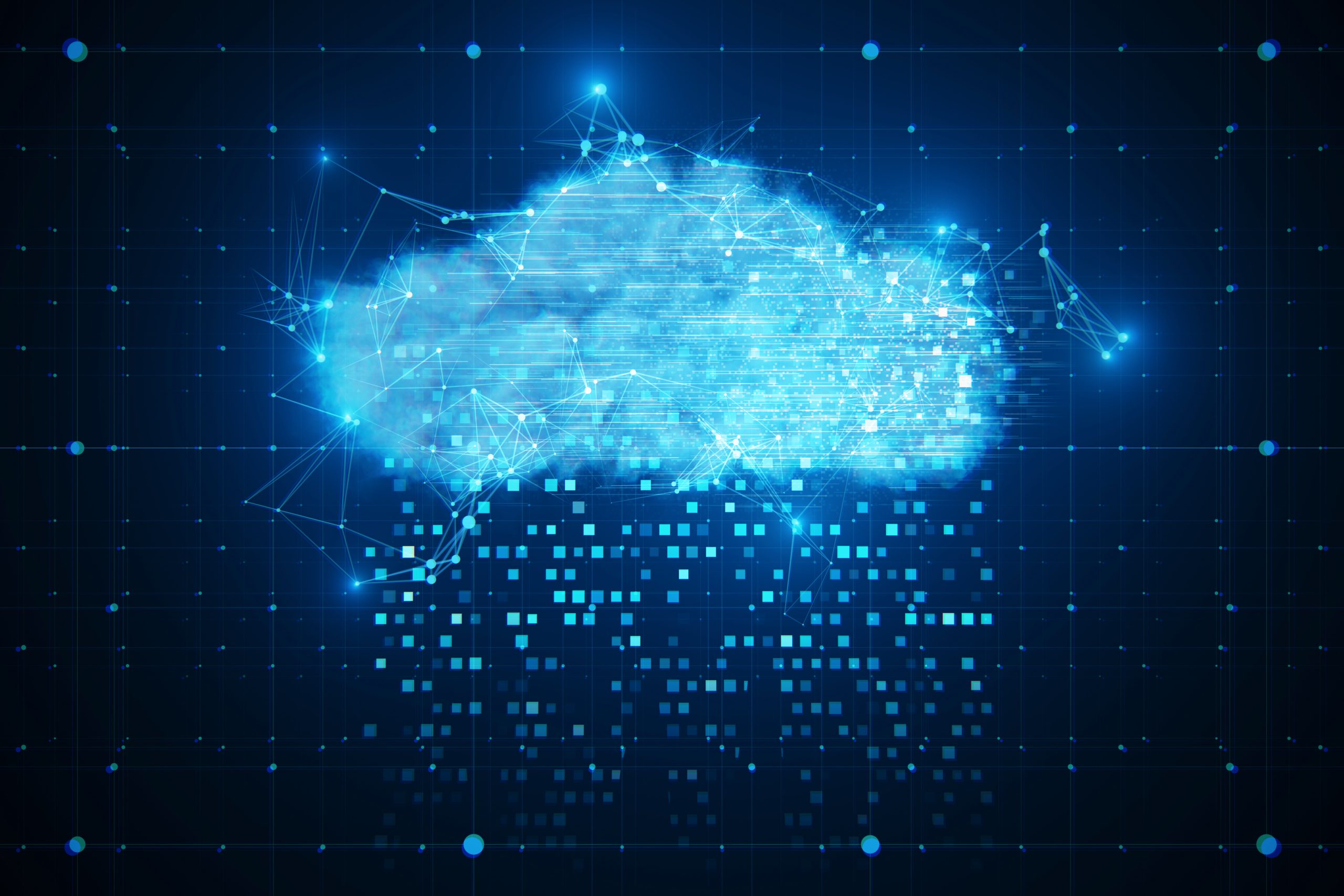 Big data cloud storage and innovation concept with light blue polygonal wireframe cloud connection and pixel rain on abstract dark technological background. 3D rendering